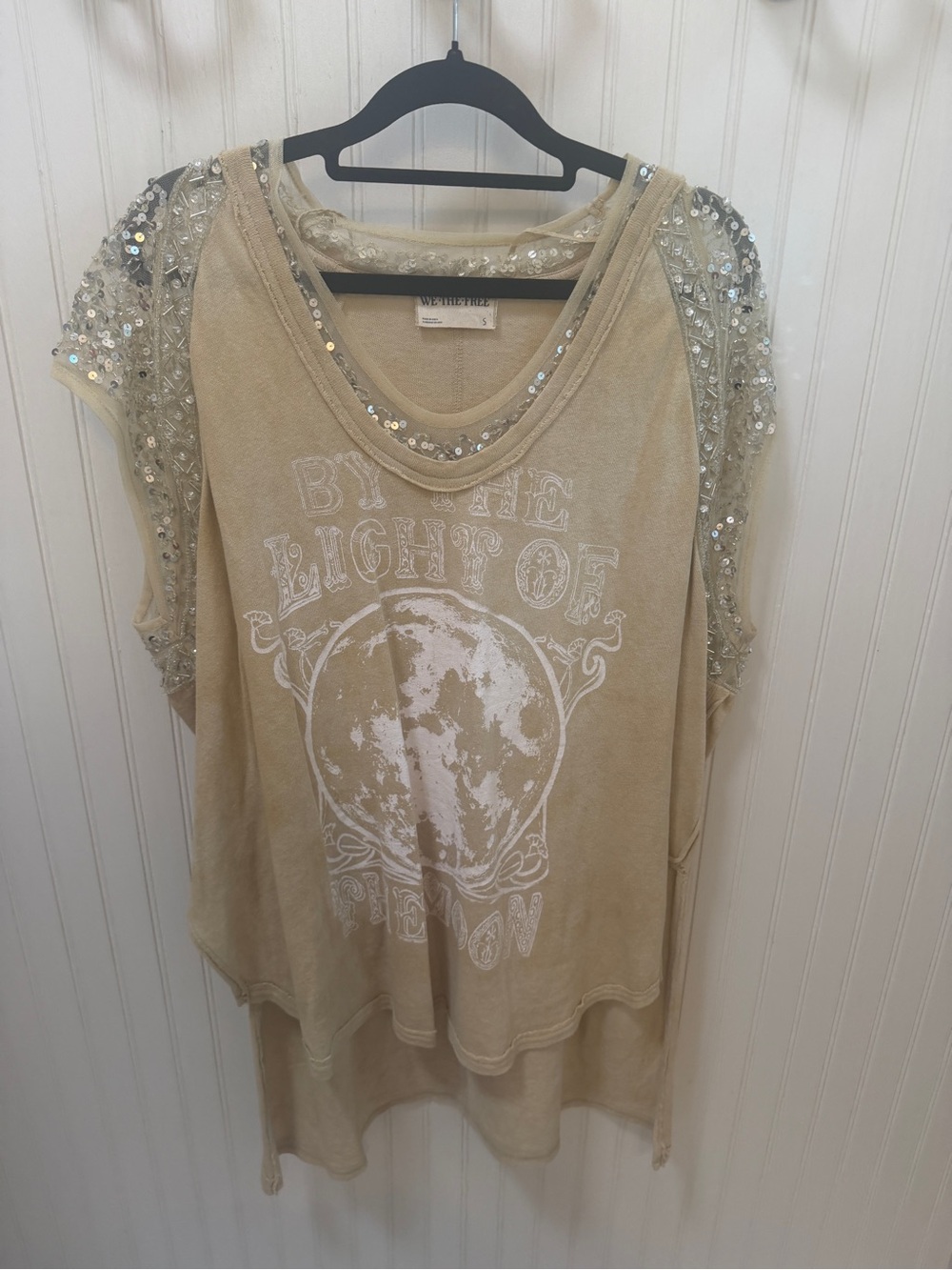 We The Free Beige Graphic Tunic with Sequin Embellished Sleeves